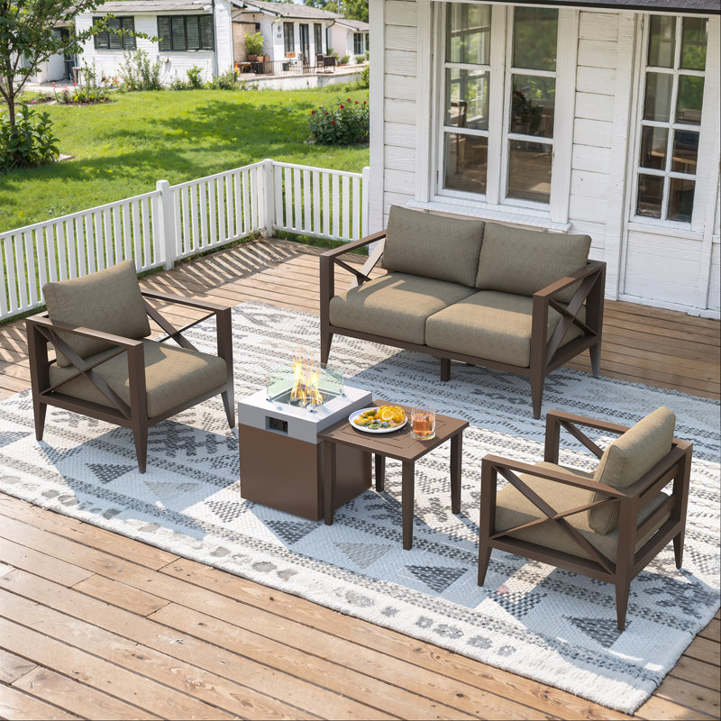 MBY Aluminum Patio Furniture Set, 6-Piece Oversized Outdoor Conversation Set with Fire Pit Table & Coffee Table, All Weather Modern Brown Sofa for Deck, Garden, Poolside