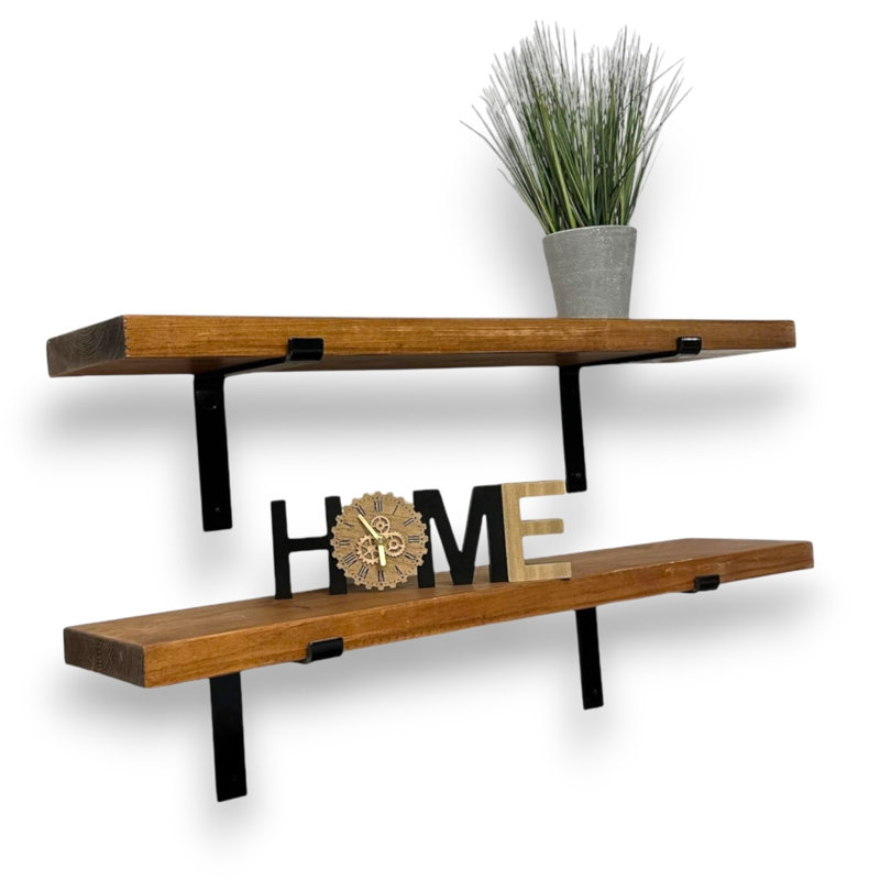 Lemieux Handcrafted Rustic Wooden Wall-Mounted Floating Shelves with Black L Brackets, Dark Oak, 4.5cm H x 90cm W x 22cm D