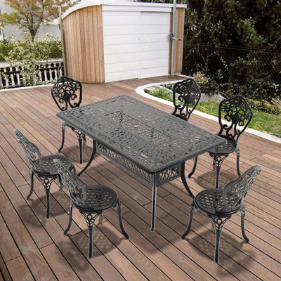 7 All-Weather Dining Furniture, Aluminum, Black, Ergonomic , 350Lbs Seat Capacity Cast Aluminum , Black Frame, 160Lbs Table Capacity, 6 Chairs