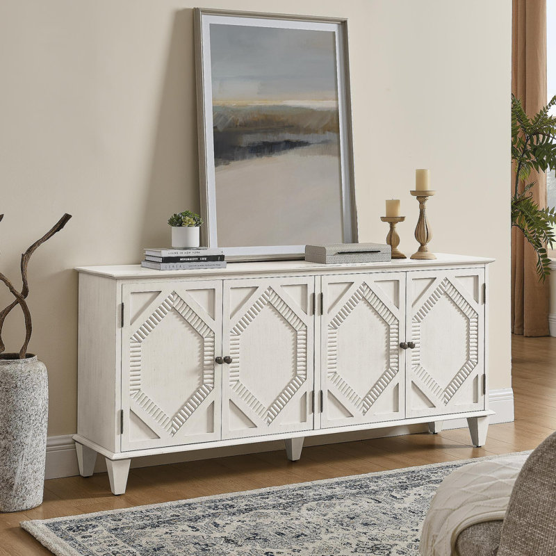 Rosalind 65.2" Mid Century Modern Sideboard With 4 Hand-Carved Doors, Antique White
