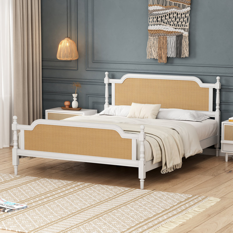 Retro Rattan with Pinewood Platform Bed, French Provincial design, Bedroom Set Avaiable, White/Walnut, Queen