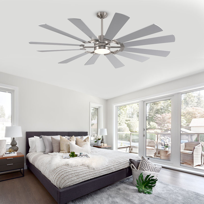 Large 12 Blades Ceiling Fan With Light, Modern Ceiling Fan For Indoor And Outdoor Use, Reversible Dc Motor, Dual Finish Blades In Silver & Walnut, Ceiling Fan With Remote