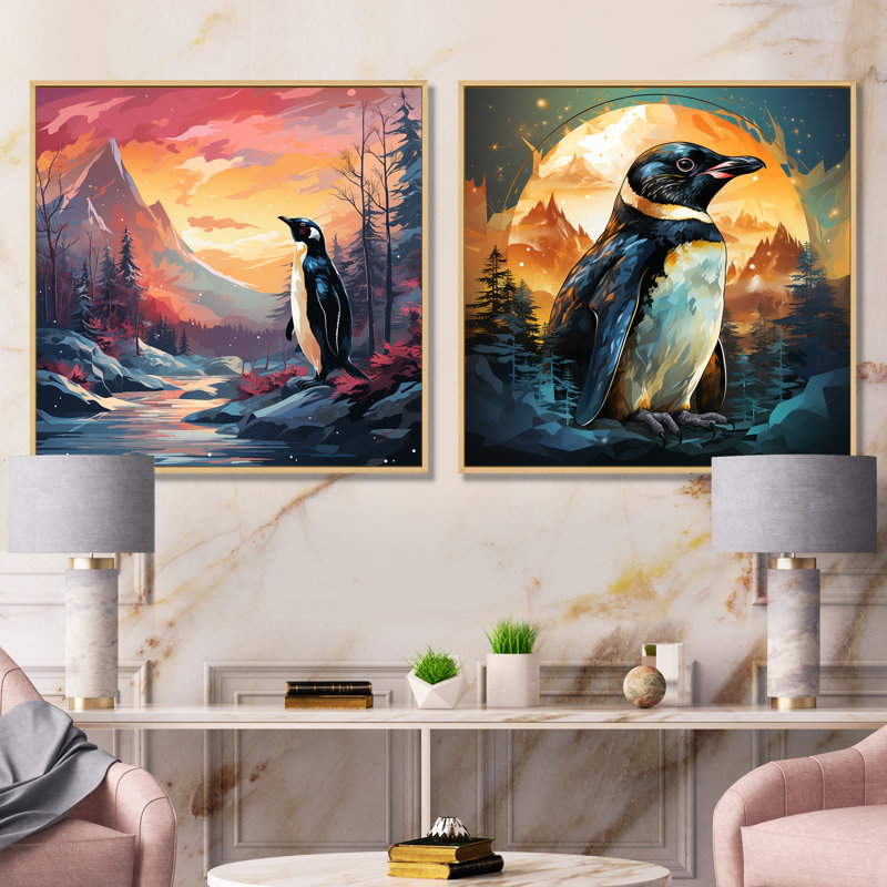 Coucher de soleil coucher de soleil pingouin charme I - ensemble de salon art mural pingouin, H 30 po x l 61 po x P 1 po