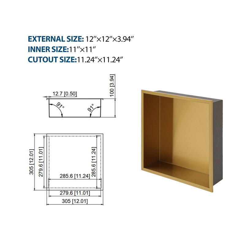 Niche de douche en acier inoxydable 12 po x 12 po avec finition dorée pour rangement mural de salle de bain
