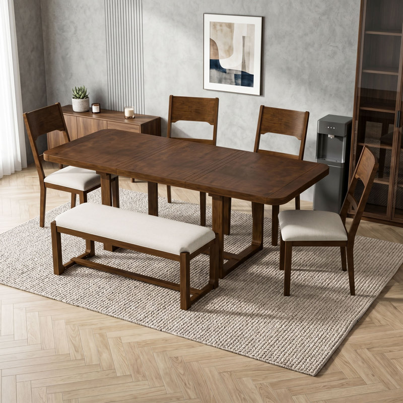 Ensemble de salle à manger extensible 6 pièces avec double table à piédestal rectangulaire, 4 chaises rembourrées et banc