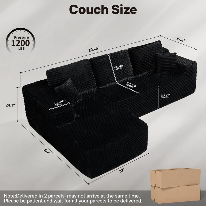 Canapé modulaire à 2 pièces avec rembourrage Co² Boneless, aucun assemblage requis, Velours côtelé noir plus