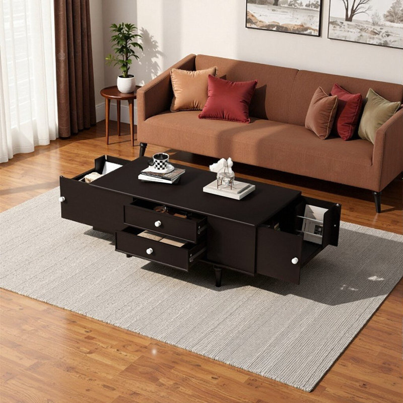 Table basse rectangulaire moderne avec 4 tiroirs et compartiments cachés, plateau en panneau de fibres à densité moyenne de 47,2 po, pieds en bois massif