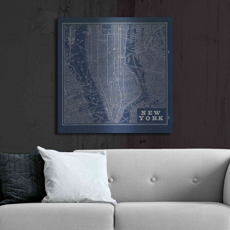 «Blueprint Map New York Square» par Sue Schlabach, art mural en métal, H 36 po x l 36 po