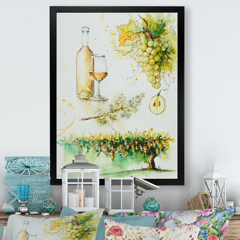 Grapes with Wine Bottle II - reproduction d'art sur toile encadrée, Toile avec cadre photo noir, H 20 po x l 12 po x P 1 po