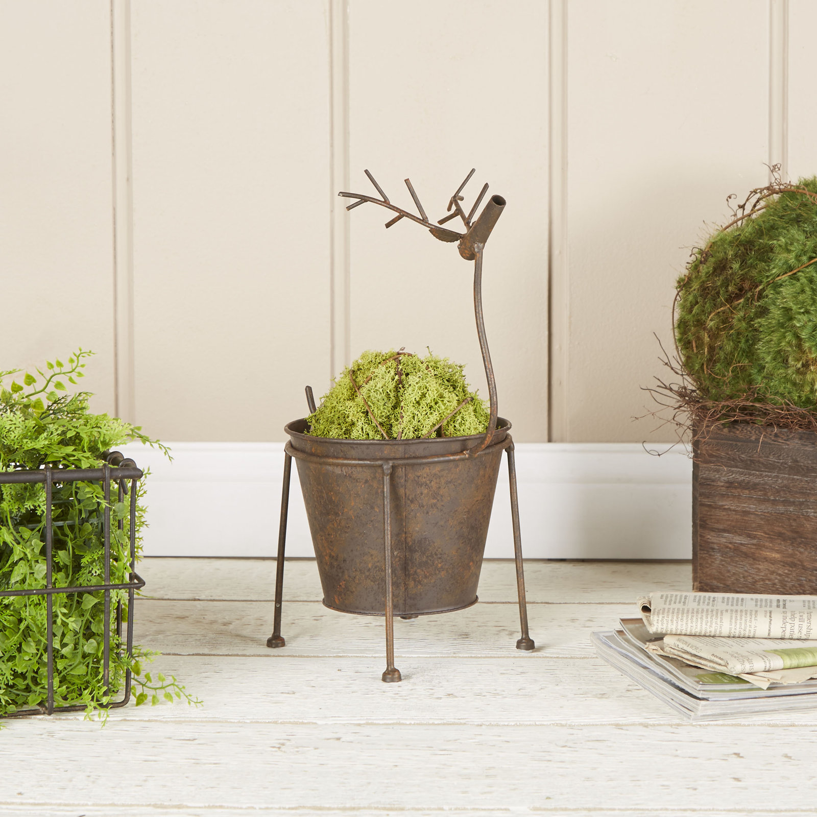 Tall Reindeer Metal Pot Planter, 16" H x 11" W