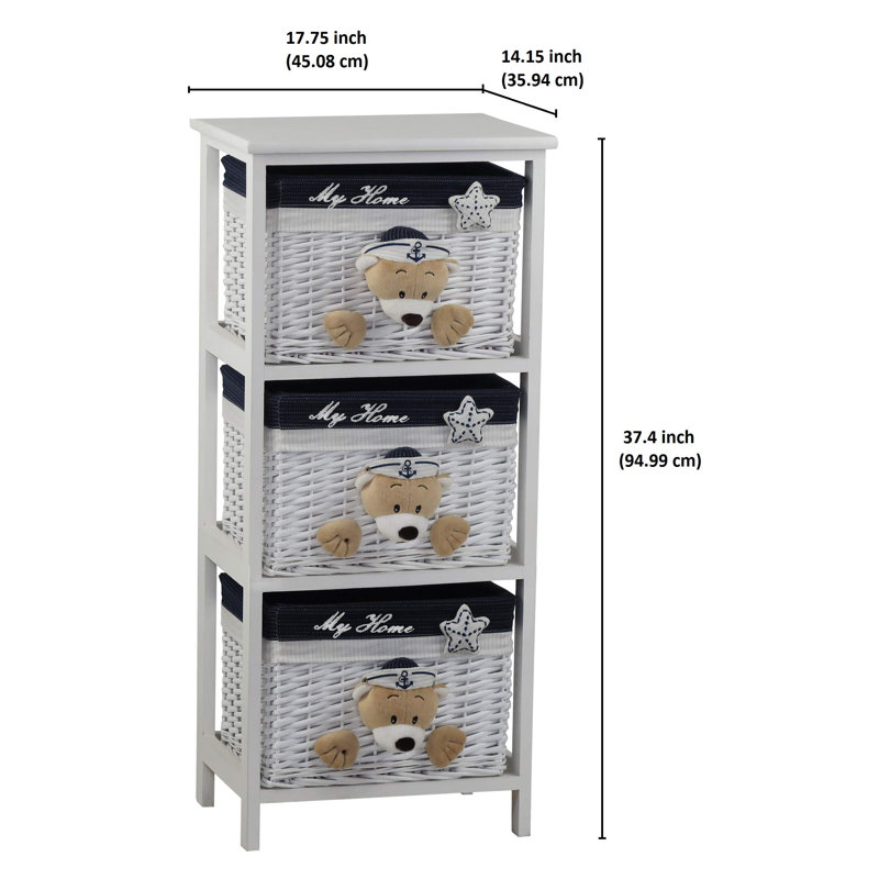3 Drawer Wooden Cabinet with Wicker Storage Baskets and Tan Teddy Bear Design for Home Organization