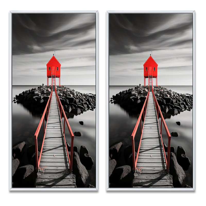 «Coastal Pier Reflections», 2 pièces sur toile, H 20 po x l 24 po, Cadre blanc