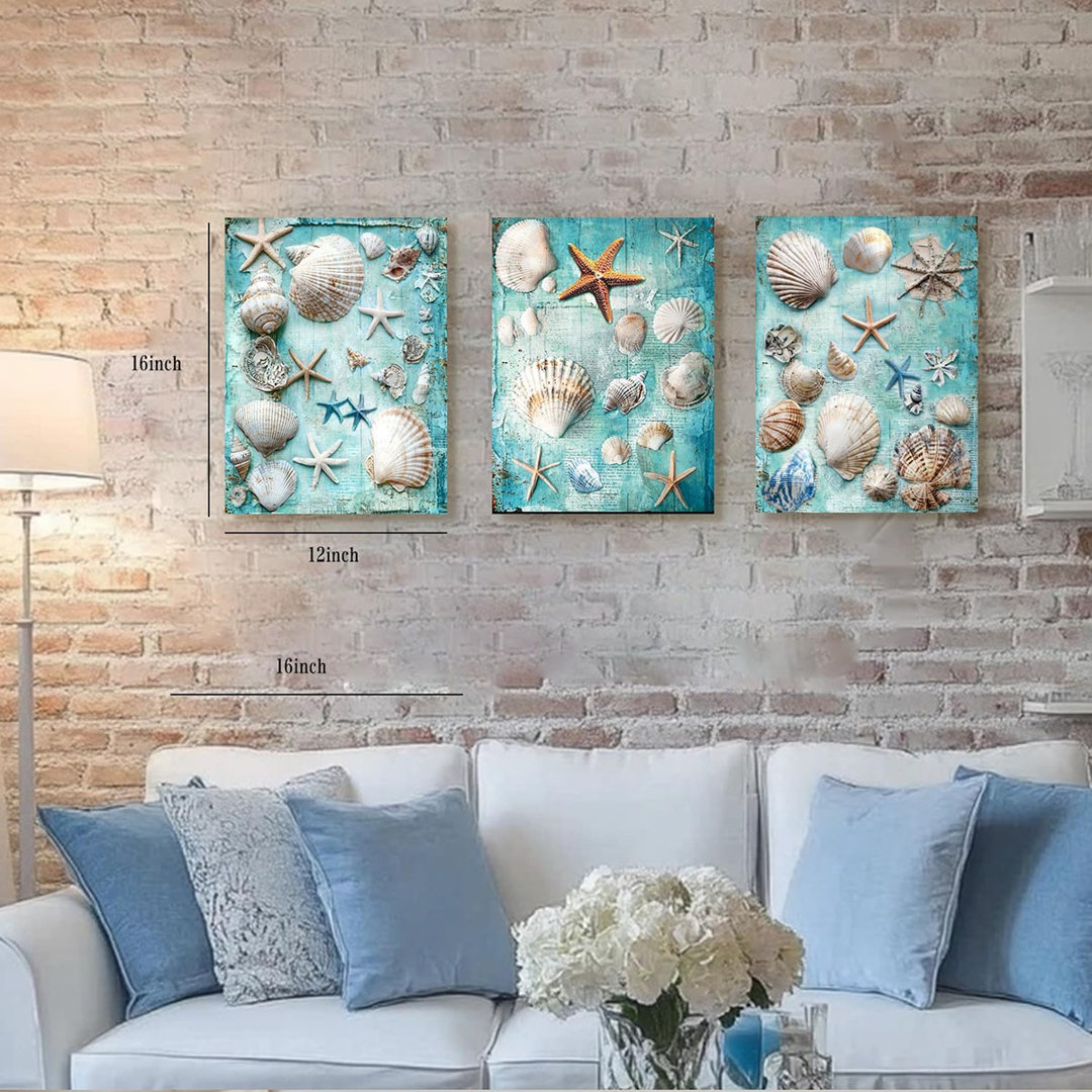 Teal Blue Beach Seashell Wall Art 3 Pcs, Rustic Coastal Starfish Pictures Bathroom Decor Vintage Farmhouse Nautical Theme Painting Canvas Prints Artwo