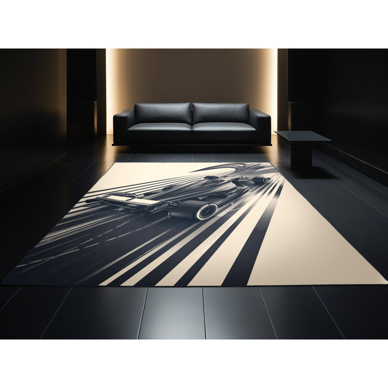Machine Washable Rayan Formula Race Car Sleek & Chic Modern Arc Rug in Beige – Black Binding, 5x7