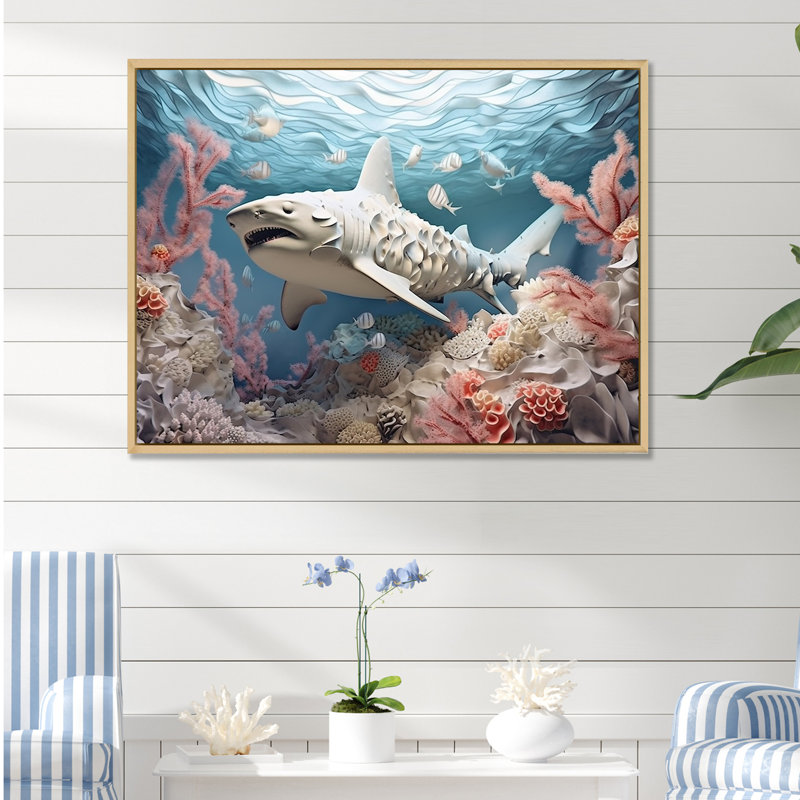 Coral and Sharks Collage Symetry - plage et océan, impressions sur toile, H 24 po x l 32 po x P 1 po, Cadre naturel flottant