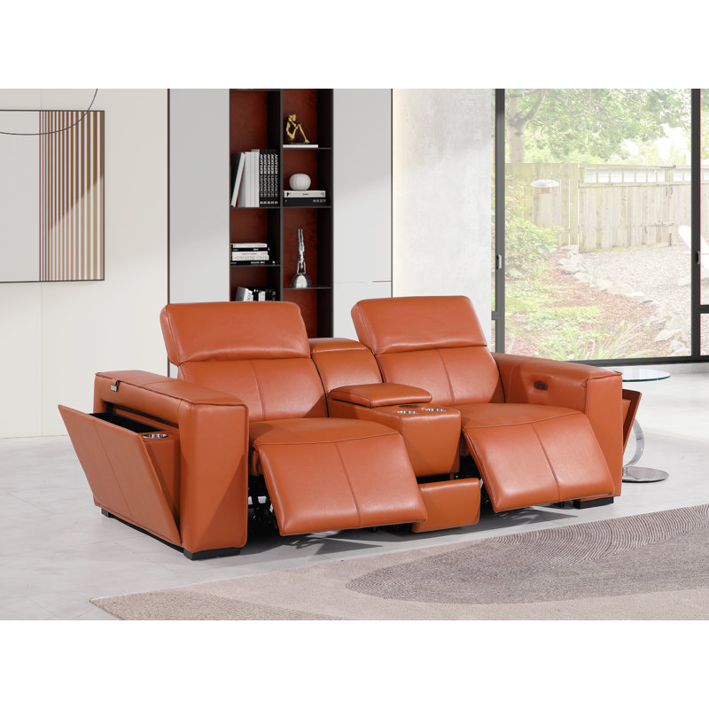 Top Grain Italian Leather Modular Power Dual Reclining Console Loveseat With Power Headrests, Camel