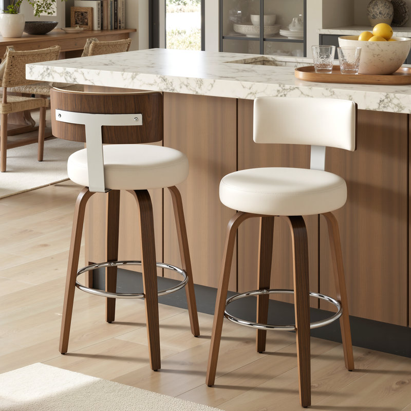 North American Black Walnut Veneer Bar Stool, 360° Rotating Ergonomic Backrest Bar Stool, White