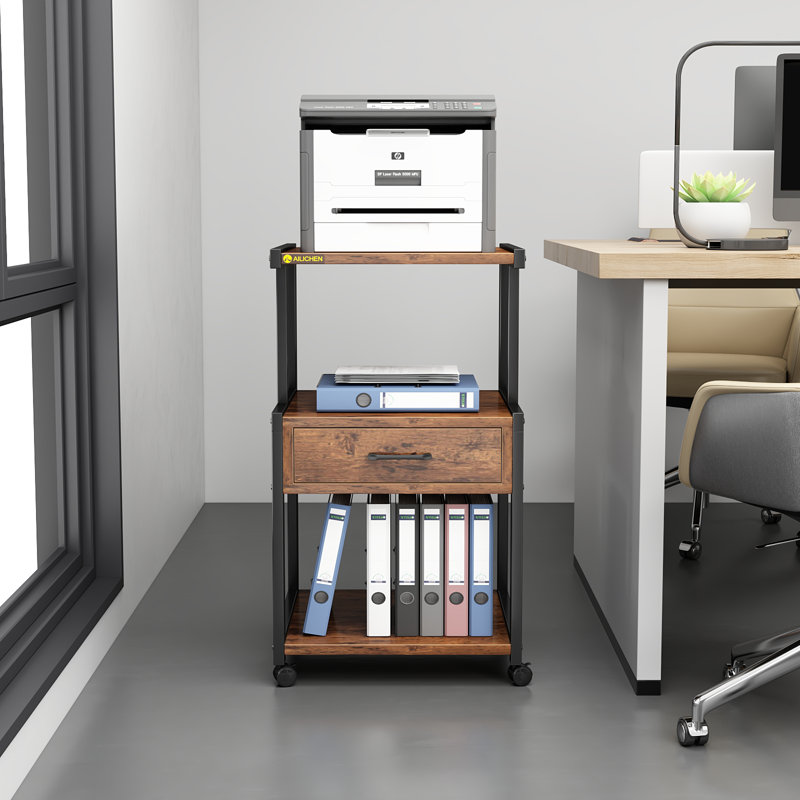 3 Tier Printer Stand with Storage Drawer Rolling Printer Table with Wheels Home Office,Retro, Brown