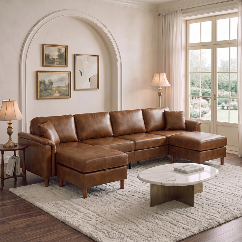 Canapé d'angle en similicuir de 305 cm de large avec 2 poufs de rangement, brun