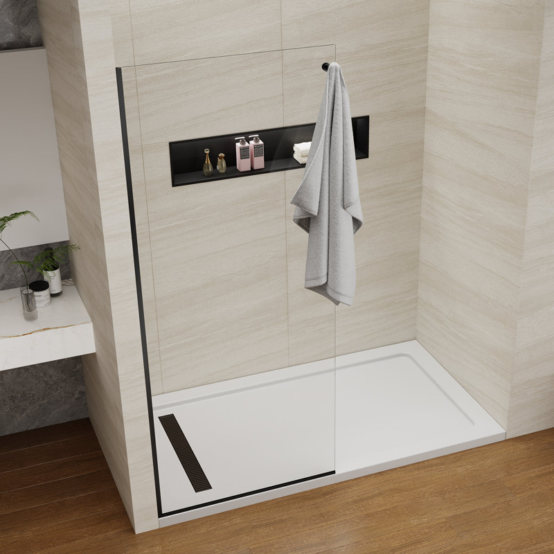 Shower Screen 32" Half Frameless Shower Wall Panel, Tempered Glass 3/8 Inch, Easy Clean Glass, Fixed Glass Shower Door With Towel Hook Matte Black