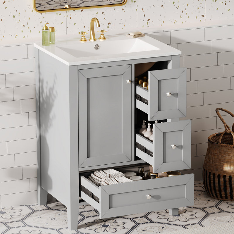  Meuble-lavabo autoportant avec rangement à 3 tiroirs 24 po avec lavabo 24 po avec lavabo, gris, Grey