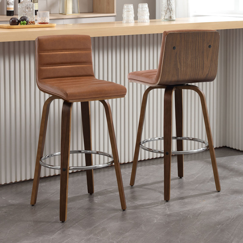 Mariea Swivel Faux Leather Wood Bar & Counter Stool, Bar Stool (29" Seat Height), Caramel