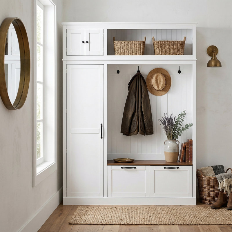 59" Wide Modern Farmhouse Entryway Hall Tree With Storage Bench, White