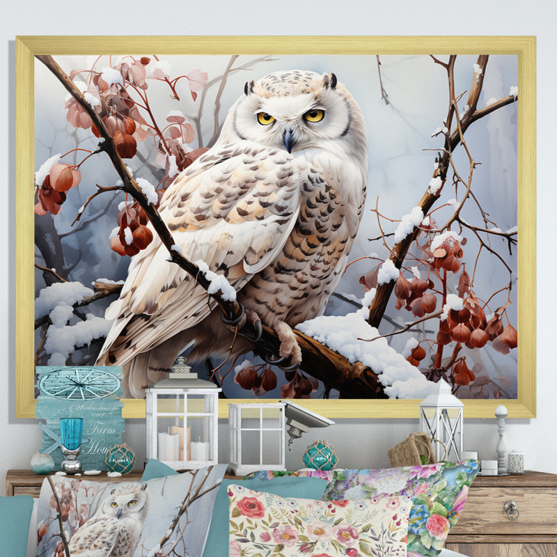 «Snowy Owl Winter III - Winter Landscape», reproduction sur toile encadrée, Cadre doré à une seule photo