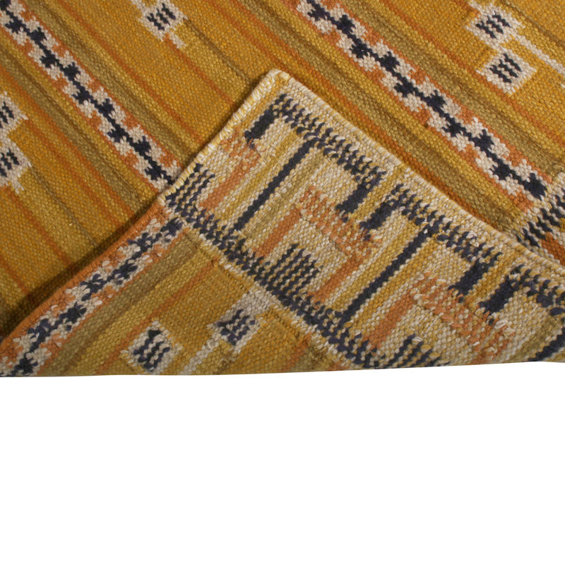 Rug & Kilim’S Scandinavian Style Striped Yellow And Black Wool Kilim Runner, Rectangle 12' x 16'