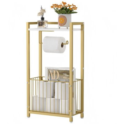 Toilet Paper Holder With Storage Shelf , Freestanding Roll Dispenser For Bathroom, Bathroom Organizer For Tissues And More