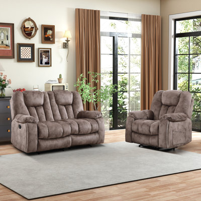 Ensemble de salon inclinable manuel 2 pièces en microsuède avec porte-gobelets