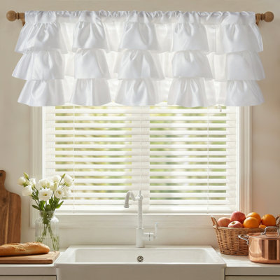  Farmhouse Valance Curtains for Kitchen & Bathroom, Three-Tiered Ruffle Valance Curtains, Satin Texture Light Filtering Window Coverings, 3 Panel