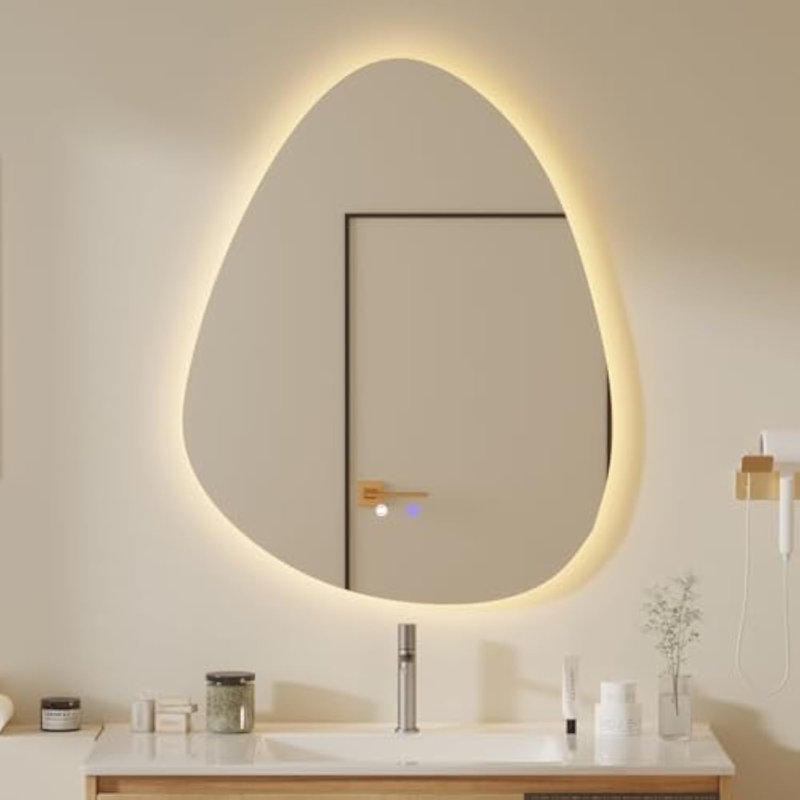 22 "X 28" miroir triangulaire à DEL, de forme irrégulière, miroir de coiffeuse unique, miroir mural sans cadre pour salle de bain, salon, chambre à coucher, vestibule