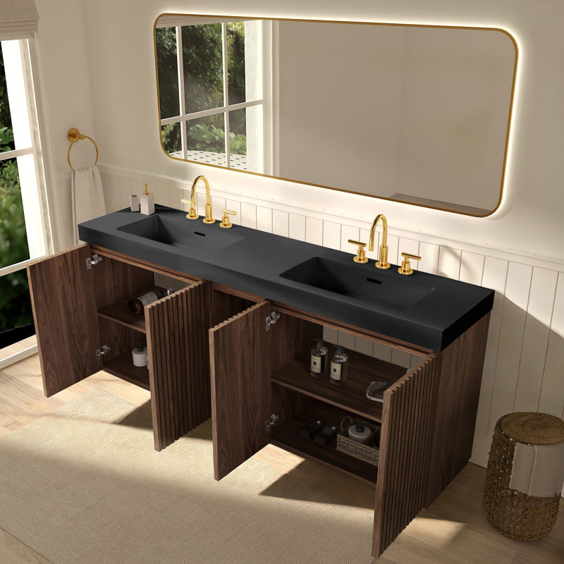 Meuble-lavabo double 72 po avec surface solide, Noir / brun, Espacé