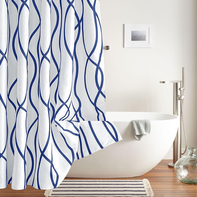 Modern Abstract Striped Waterproof Polyester Shower Curtain With Hooks For Bathroom, Navy