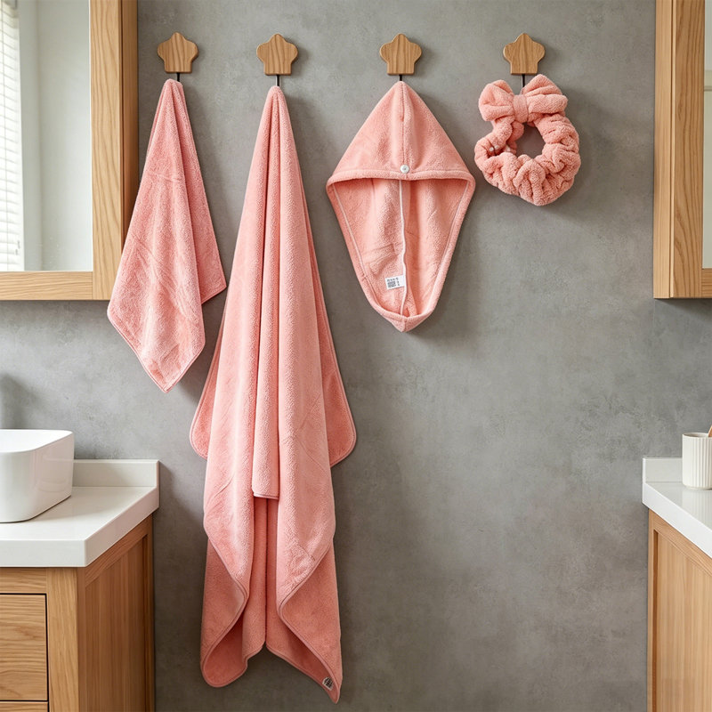 Ensemble de salle de bain 4 pièces: serviette de bain, serviette à main, turban à cheveux et bandeau pour usage quotidien (rose)