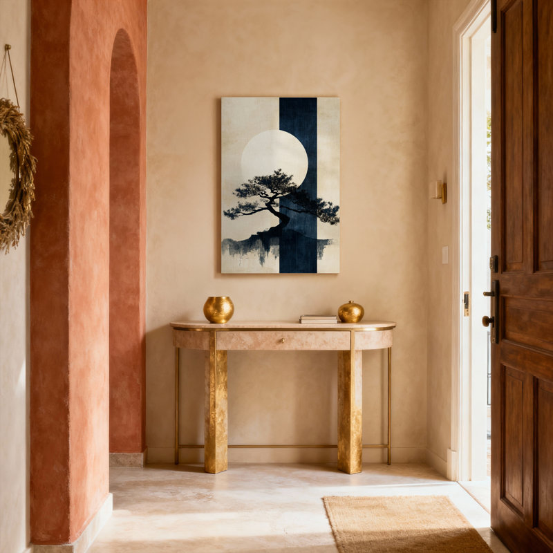 Ensemble de 1 tableau sur toile tendue représentant un pin japonais et la lune, H 36 po x l 24 po