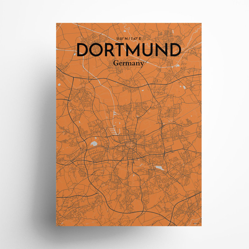 Dortmund City Map In Orange - No Frame Print, 27.6cm H x 19.7cm W x 0.05cm D