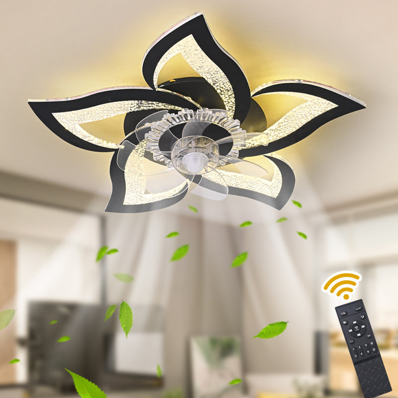 Izzabella 24.6" 7 - Blade LED Dimmable Flush Mount Ceiling Fan with Light and Remote, Black Bubble