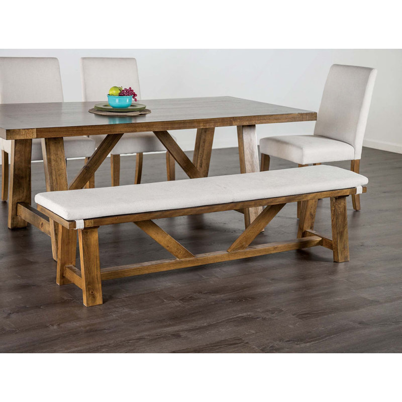Banc rembourré en tissu rustique avec base en tréteaux