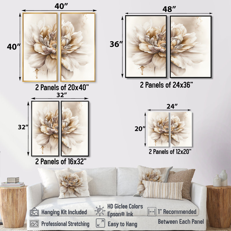 Blooming Beige Floral Design V - Art mural traditionnel 2 pièces, H 40 po x l 40 po, Reproduction encadrée sans passe-partout
