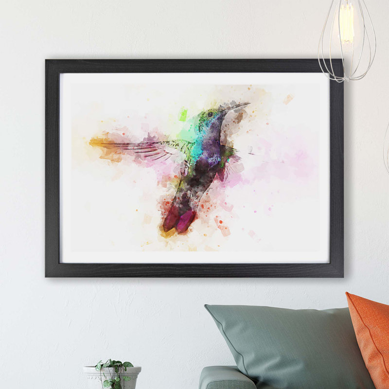 Hummingbird Paint Splash - Single Picture Frame Painting, 62cm H x 87cm W x 2cm D, Black