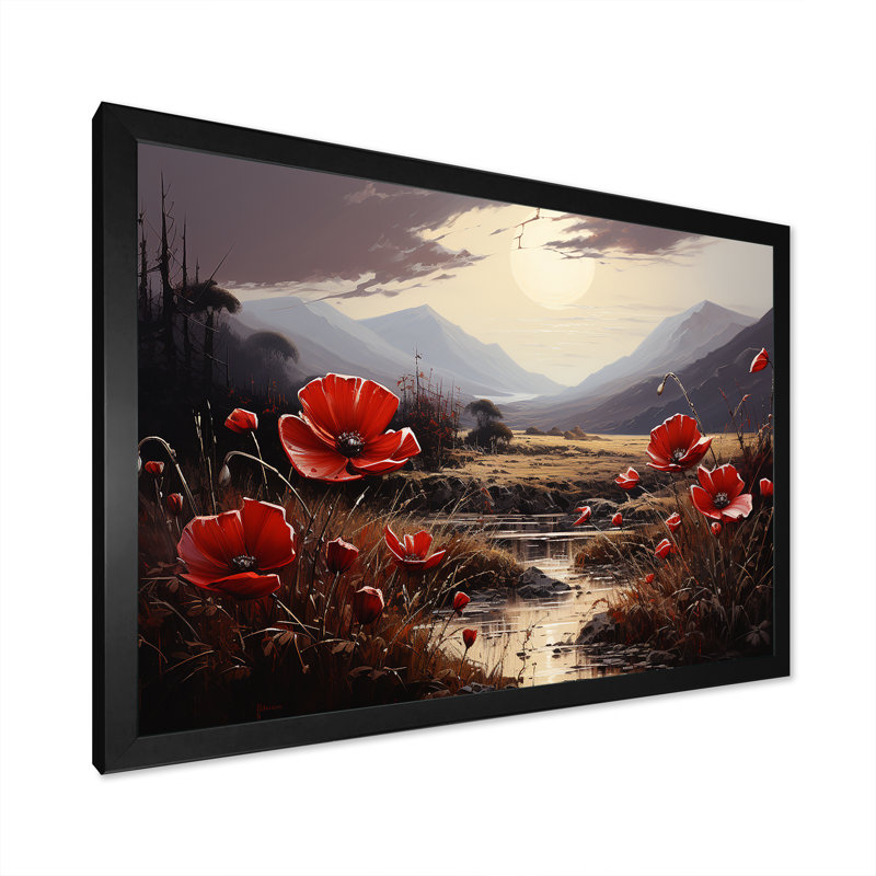 «Red Crimson Flower S Embrace», impressions sur toile fleurie, Cadre simple noir, H 12 po x l 20 po x P 1 po