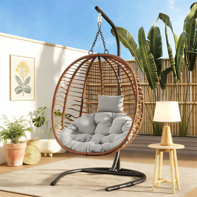 Single Person Folding Egg Chair with Stand, Hanging Wicker Hammock Swing for Indoor and Outdoor Use, Adjustable Anti-Slip Feet, Ideal for Balcony, Bedroom, Garden