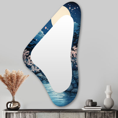 Pleine lune Pagode au bord de la rivière - Japon Miroir mural traditionnel aux formes asymétriques