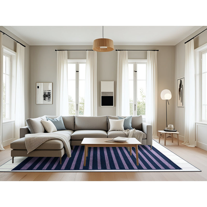 Tapis bleu à rayures horizontales lavable à la machine, Rectangle 6 pi x 9 pi