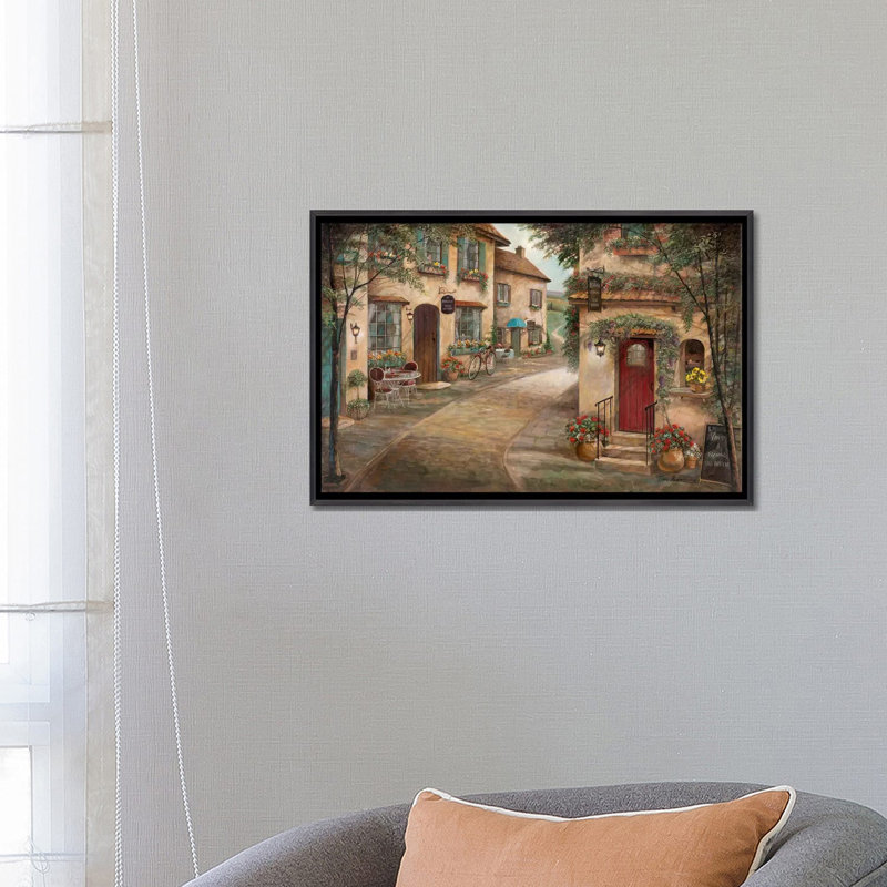 Café pittoresque par Ruane Manning - reproduction d'art, H 18 po x l 26 po x P 1,5 po, Toile avec cadre noir patiné