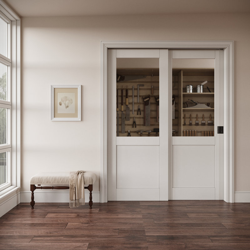 Porte intérieure semi-vitrée en verre clair, porte coulissante à galandage en MDF CARB P2 et verre trempé SGCC, avec cadre renforcé, serrure à galandage noire et quincaillerie incluses, préfinie et imperméable, pour garde-manger, chambre et placard, teinture facile à appliquer soi-même, 162,5 cm x 203,2 cm