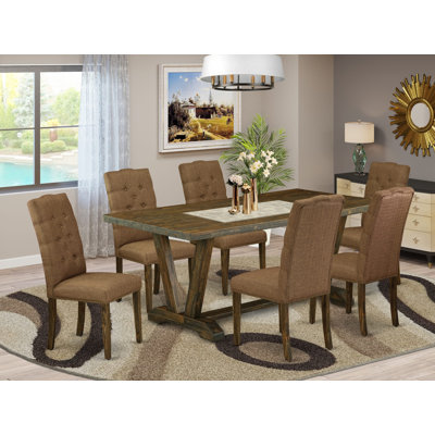 7-Pc Set a Wonderful Distressed Jacobean Dining Table top and 6 beautiful Brown Beige Dining chairs with Nail Heads and Button Tufted, Distressed Jacobean Finish