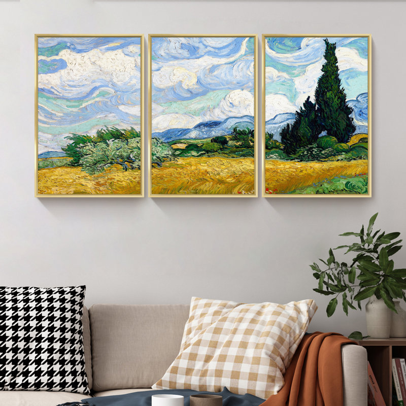 «Wheat Field With Cypresses» par Vincent Van Gogh - Ensemble de 3 reproductions de cadres photo sur toile, Or